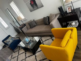 Free Chairs/dining room table, yellow and blue chair with throw rug and nightstand nightstands