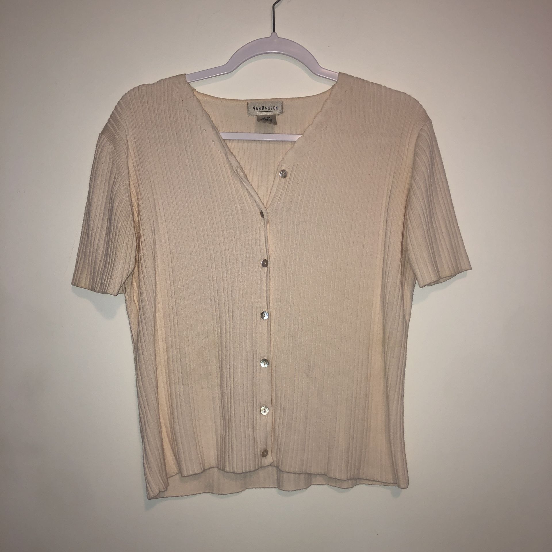 Beige Short Sleeve Button Up Sweater