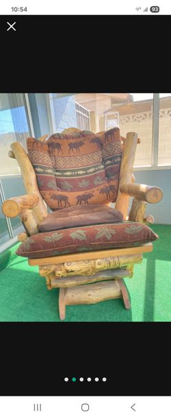 Rustic Log Wood Glider Rocking Chair with Cushions