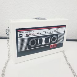 White Cassette Tape Music Box evening clutch  crossbody Bag Purse Womens gift new
