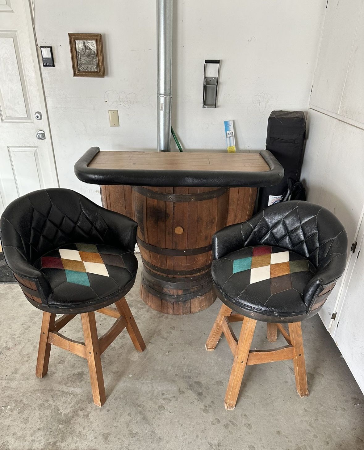 Whiskey Barrel Bar And Bar Stools And Liquor Signs