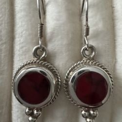 Sterling Silver Red Enamel Bead Detail Dangle Earrings 