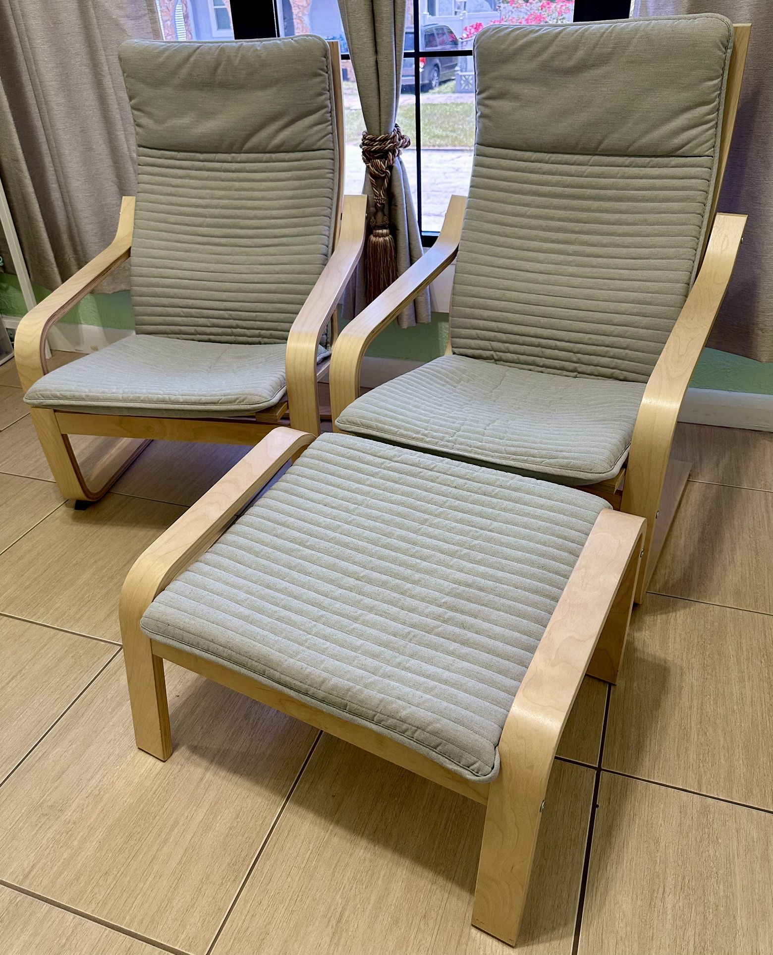 IKEA POÄNG Armchair Set with Ottoman - Birch Veneer/Knisa Light Beige