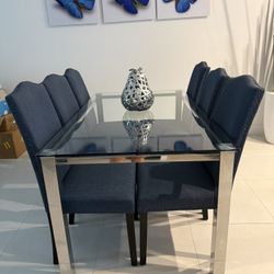 Juego de Comedor Moderno - Mesa de Cristal y 6 Sillas Azules
