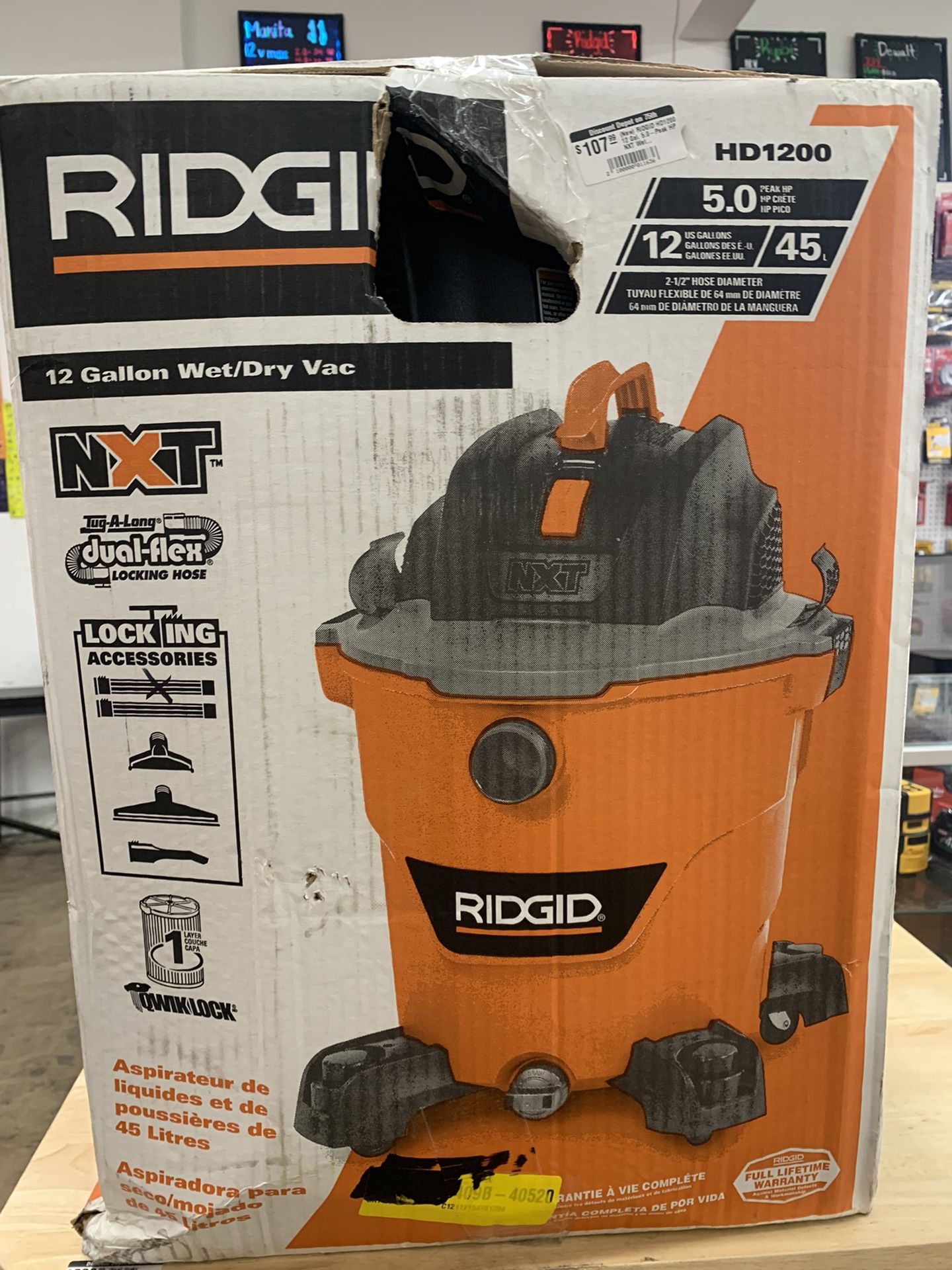 RIDGID 12 Gallon 5.0 Peak HP NXT Wet/Dry Shop Vacuum with Filter, Locking Hose and Accessories