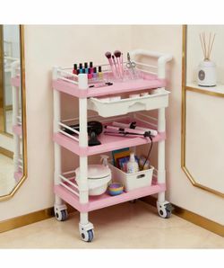 3-Tier Rolling Cart, Salon Trolley with Drawer & Waste Bin, Pink White Utility Storage Organizer for Salons, Spas, Beauty Studios