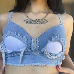 Hand Stitched Ripped Jean Bralette With Diamond Cross
