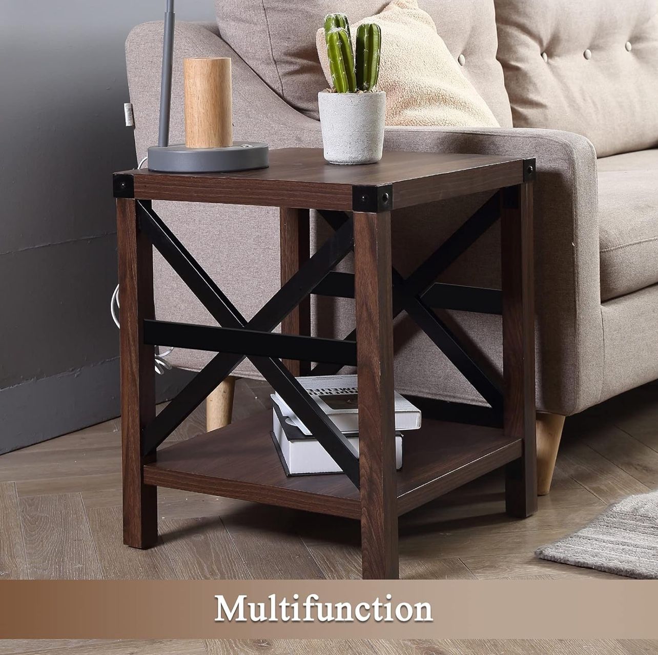 Lipo End Table, Small Side Table with Storage Shelf, Rustic Nightstand Farmhouse Industrial Modern Mid Century Wood Night Table for Living Room, Bedsi