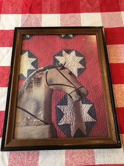Americana vintage carousel horse and quilt framed picture