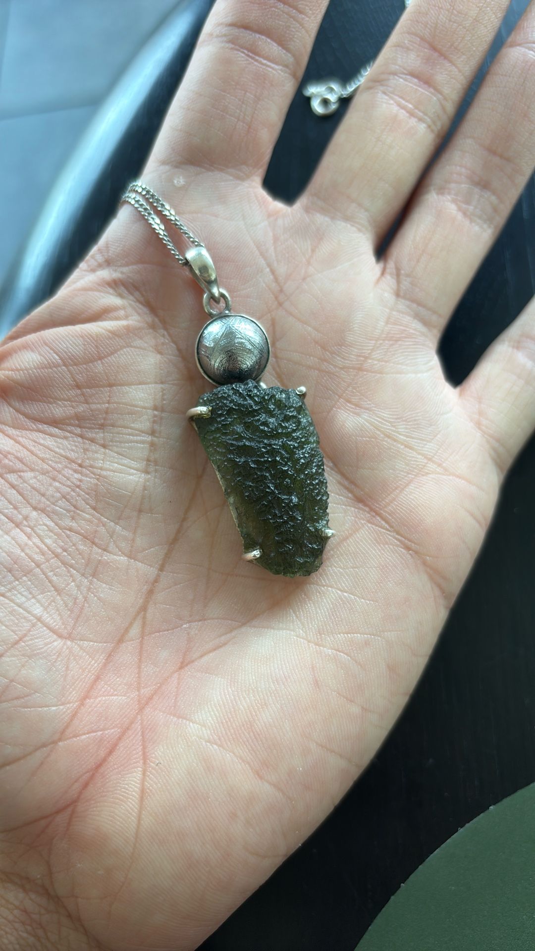 Moldavite With Meteorite necklace, Sterling Silver