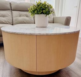 West Elm Round Coffee Table 33” Marble and Wood