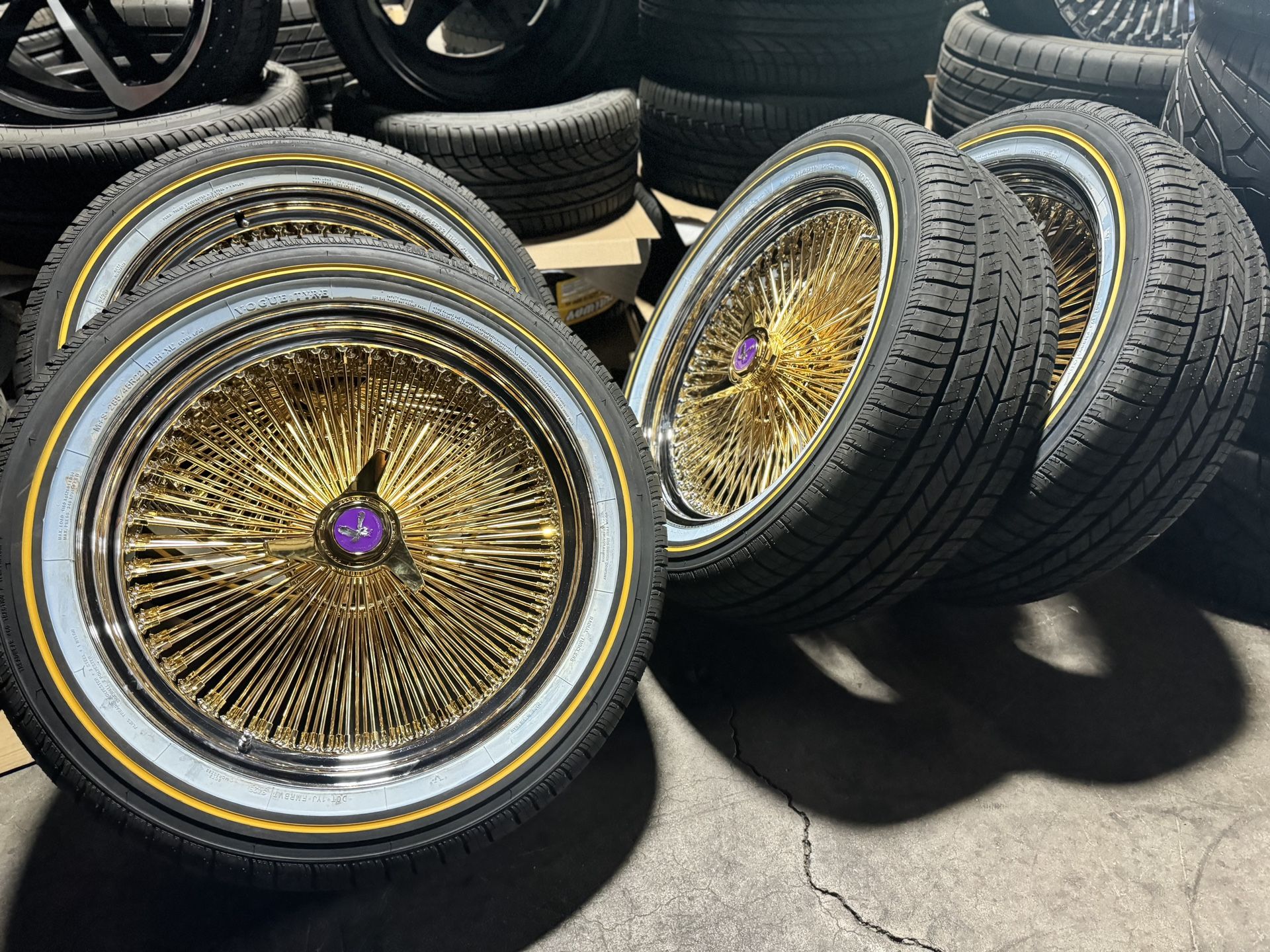 22” Center Gold 150 Spoke Wire Wheels 285x45x22 Vogue Tires Zenith Style Knockoff & Chips-We Finance