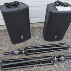 Pair Of JBL PRX512M Amplified With Support Stands And Covers