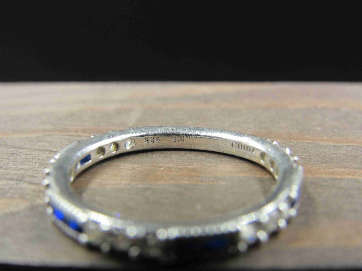 Size 7.75 Sterling Silver Blue Spinel & CZ Band Ring Vintage Statement Engagement Wedding Promise Anniversary Bridal Cocktail Friendship