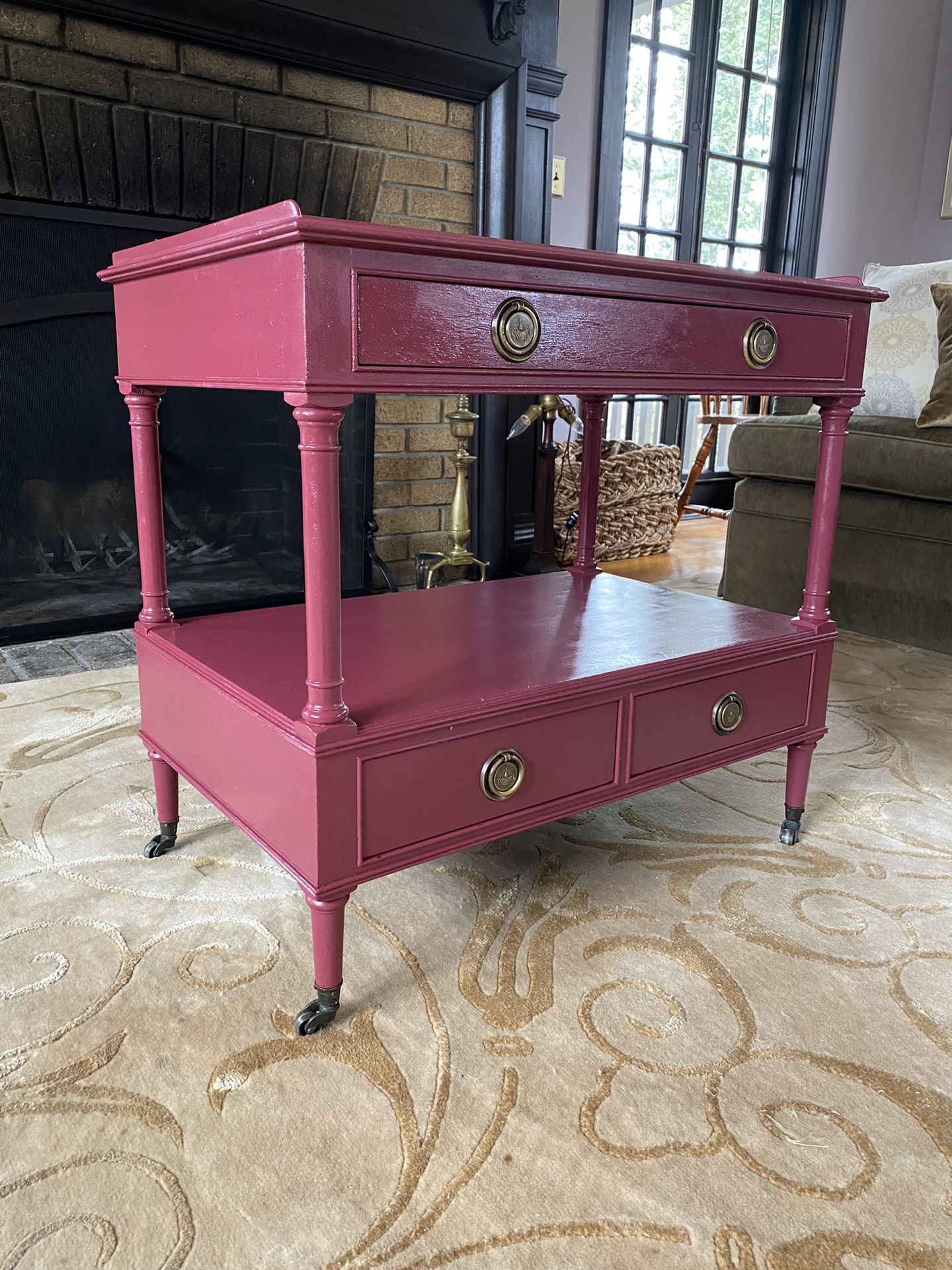 Henredon three drawer Bar Cart on wheels painted in Cranberry with original hardware.
