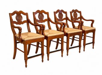 Four French Country Bar Stools W/ Carved Wood Rooster & Rush Seats By Stanley Furniture