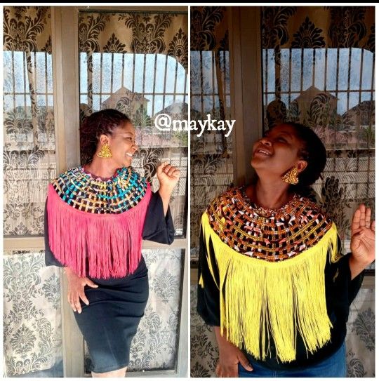 African Print Cape Necklace With Fringes Down