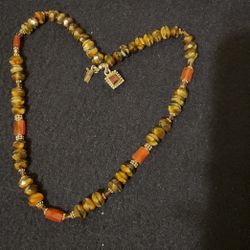 16” Vintage Sterling Silver (925) And Tiger’s Eye Beaded Necklace With Rhinestone 
