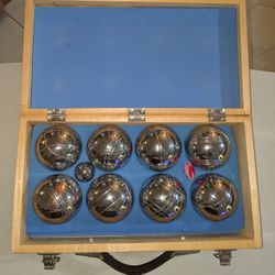 Vintage Essential Gear Chrome/Gold Metal Bocce Ball Set w/ Wooden Case Complete