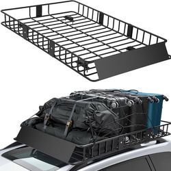 Roof Rack Cargo Basket,64"× 39" × 6" Extended Roof Cargo Basket,500-lb Capacity, Luggage Rack for SUV/Car with Wind Fairing, Black