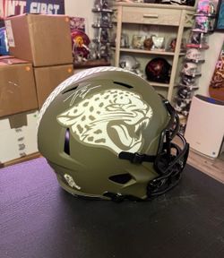 Jaguars Travis Etienne “Salute To Service” Autographed Full Size Replica Helmet