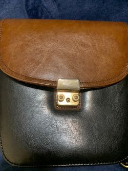 Black/Brown Two-Tone Leather & Vinyl Crossbody Shoulder Bag Purse