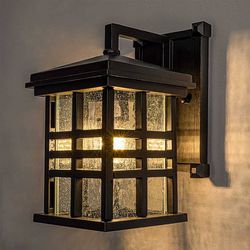 Cast-Aluminum Waterproof Outdoor Wall Lantern, Exterior Wall Sconce Lighting with Seeded Glass Decor