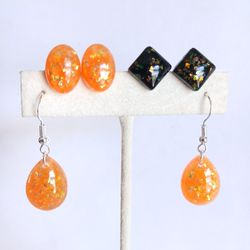 Orange black faux opal teardrop dangle and stud earrings set Halloween new handmade 