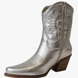 BRAND-NEW Silver Cowgirl Western Mid-Calf Boots w/Zipper, Wooden Heel, Embroidered Detail (8.5)