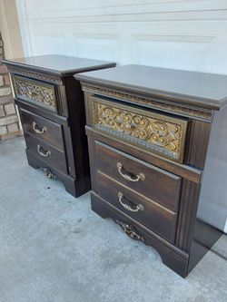 Pair of DarkNightstands with Gold Ornate Detail