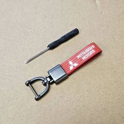 Brand New Mitsubishi Red Leather Strap Keychain Keyring