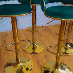 4 Green & Gold Velvet Adjustable Stools