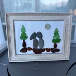 Seaglass art 5x7 “Love in the woods”