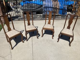 Set of 4 Vintage Queen Anne Style Oak Dining Chairs – Solid Wood, Cabriole Legs