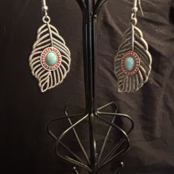 Stunning Feather Shaped Dangling Stainless Steel Turquoise Earrings 