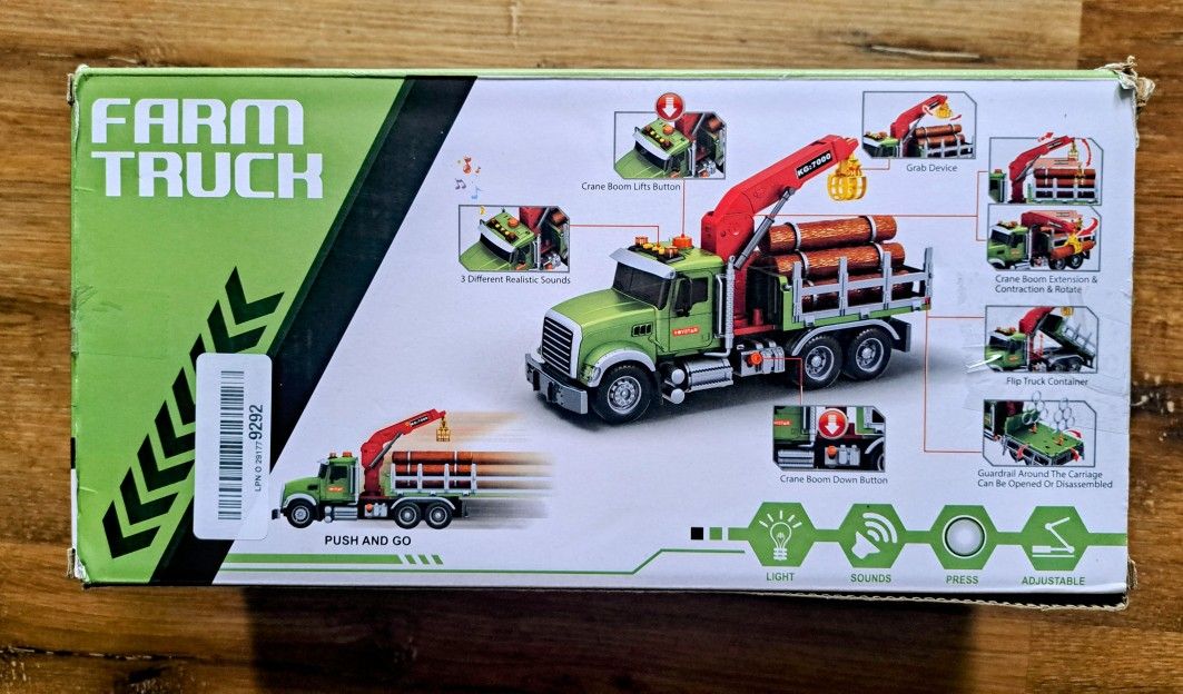 Timber Logging 15" Truck Toy–Crane, Logs, Lights, Sounds & Farm Animals Kids 3-8