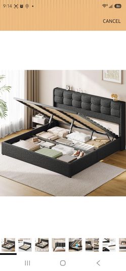 Vinabilia Lift Up King Size Bed Frame with Storage, Upholstered King Bed Frame with Wingback Headboard, No Box Spring Needed, Easy Assembly - Dark Gre