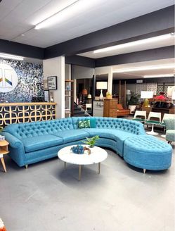 Retro Aqua Blue Curved Tufted Sectional Couch Set with Matching Tufted Ottoman & Brass Legs