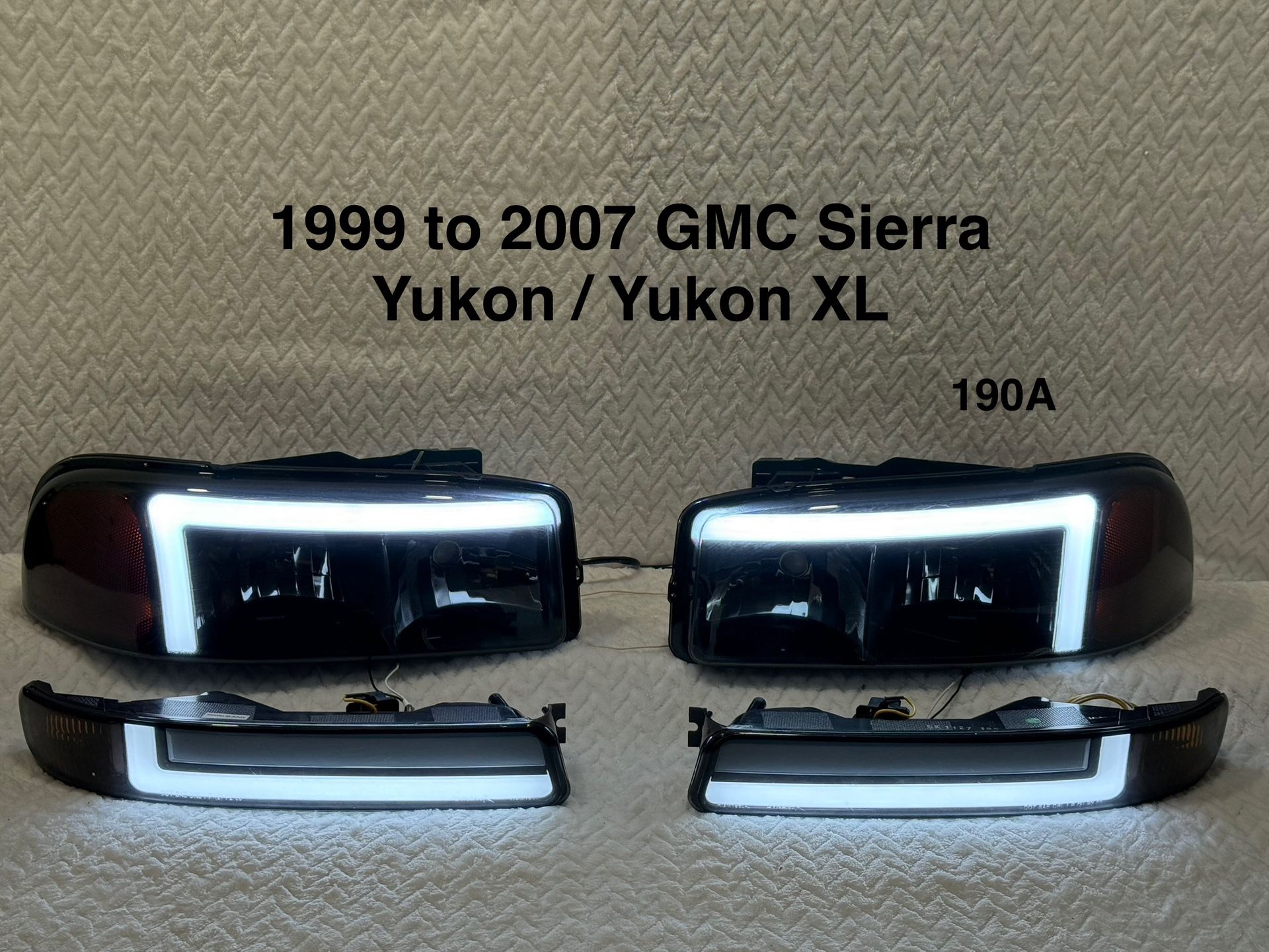 1999 to 2007 GMC Sierra | Yukon / Yukon XL Headlights Factory Style and Sequential Turn Signal Bumper Lights Matte Black Housing/Smoke Lens