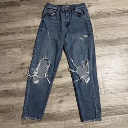 Wild Fable High Rise Mom Jeans Regular Fit Blue Denim Distressed Button Zip