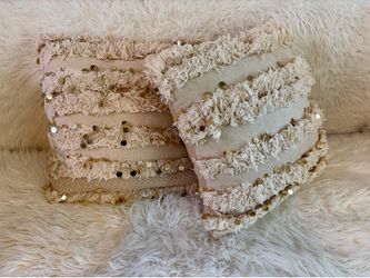 Set of 2 Boho Cream Fringe Sequin Throw Pillows