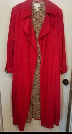Newport News red corduroy trench coat with animal print lining 11/12