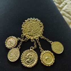 Vintage Gold Tone Dangling Coin Brooch/Pin