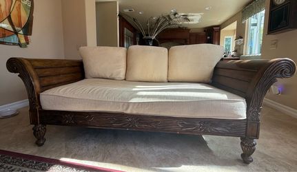 Tommy Bahama Carved Wood Sofa – Beige Upholstery