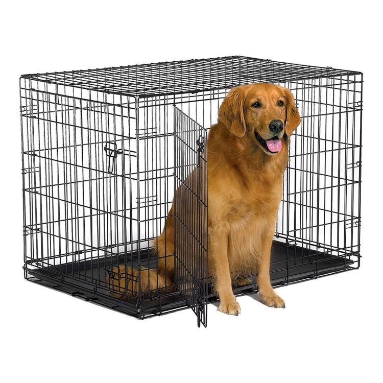 Dog Wire Cage 42 inches Reinforced Dog Crate Collapsible Pet Cage with Double Doors Leak Proof Plastic Tray Outdoor Indoor Portable for Pets Cats and