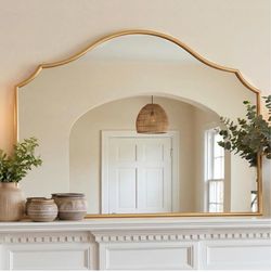 PERFNIQUE Gold Scalloped Mirror, 40"x29" Large Vintage Wall Mirror with Tempered Glass, Arched Antiq