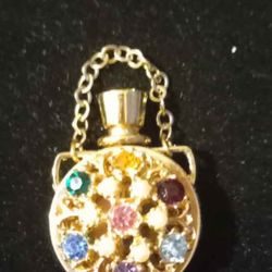 Vintage Mini Perfume Bottle Pendant – Gold Tone with Multicolor Rhinestones