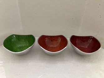 3 Simply Designz Handcrafted Enamel Aluminum 5” Bowl Starburst Green Red Orange excellent condition like New