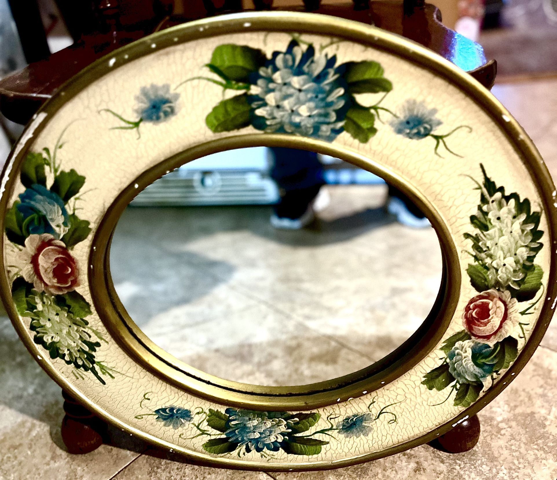 Vintage Style Hand Painted Floral Oval Mirror - Shabby Chic Wood Decor