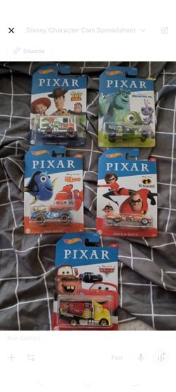 PIXAR DISNEY HOT WHEELS COMPLETE SET